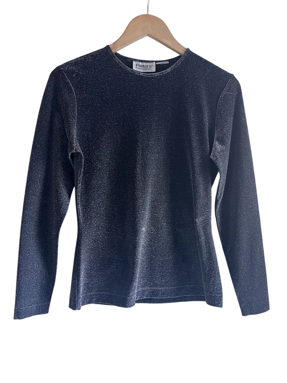 PORTS silver metallic stretch long sleeve crew neck top excellent condition